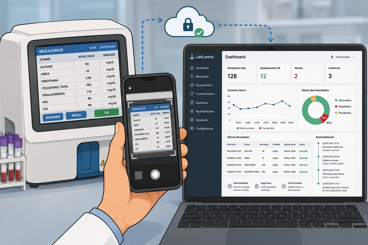 Ilustração de app extraindo valores da tela do equipamento por IA